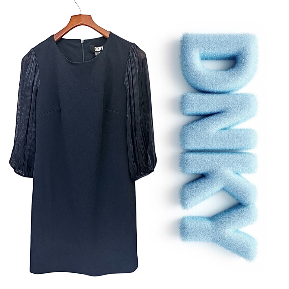 DKNY Navy Sheath Dress Size 10 NWT Puff Sleeve Pleated Elegant Career